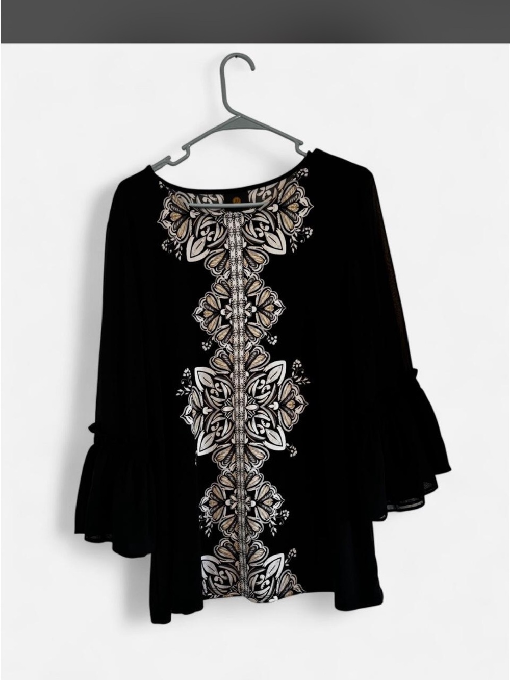 Black Long Sleeve Embroidered Tunic Blouse with Ruffled Sleeves